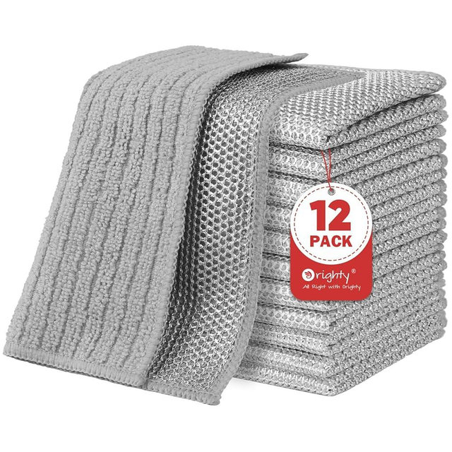 Orighty Multipurpose Wire Dishwashing Rag 12 Pcs, Upgraded Double-Layer Non-Scratch Wire Dish Cleaning Cloths, Reusable Steel Scrubber for Kitchen, Powerful Dishcloth Rag for Cookware, Grey, 7"x8"