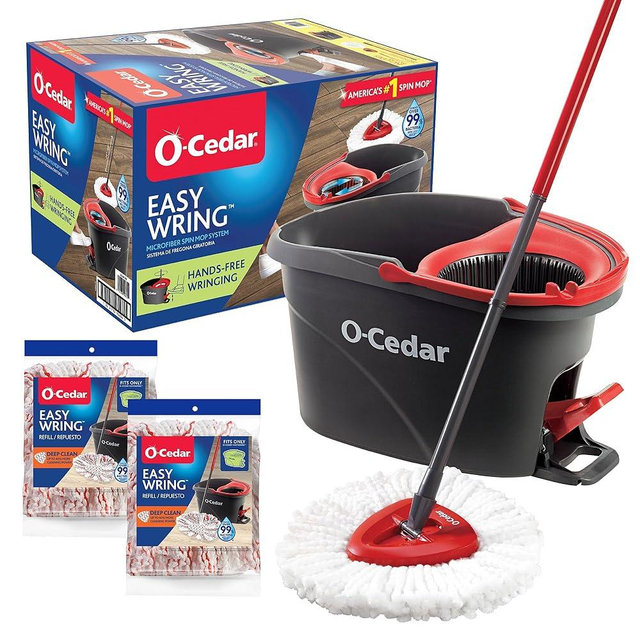 O-Cedar EasyWring Spin Mop & Bucket System | Microfiber Floor Cleaning System |Includes 3 Mop Heads (1 Standard + 2 Deep Clean Refills) | Machine Washable & Reusable