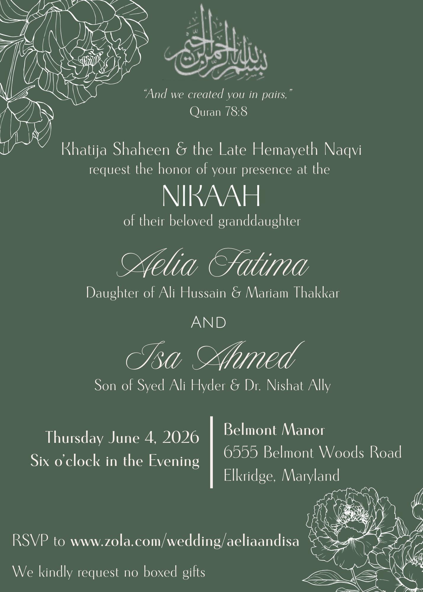 The Wedding Website of Aelia Thakkar and Isa Rizvi