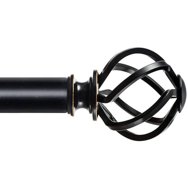 KAMANINA 1 Inch Curtain Rod Single Window Rod 110 to 195 Inches (9.2-16.3 Feet), Black Curtain Rods for Windows, Twisted Cage Finials