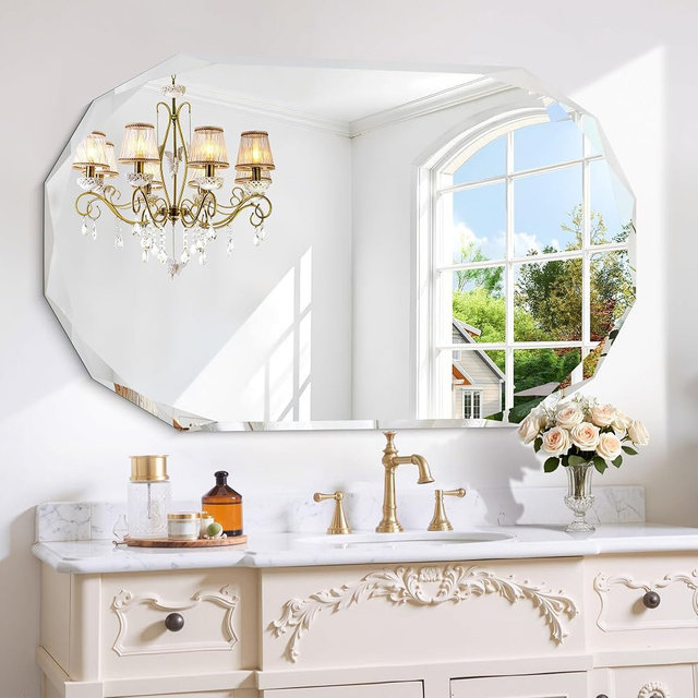 GLASHOM Frameless Bathroom Mirror, 30x48 inch Beveled Bathroom Mirror Wall Mounted, Modern Frameless Mirror for Bathroom, Living Room, Entryway Mirror Horizontal or Vertical