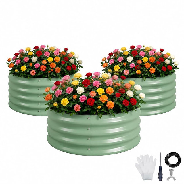 SPONVATT 3Pcs Round Galvanized Raised Garden Bed Kit 24 x 12 Inch Metal Planter Box Outdoor with Safety Rubber Edge Trim Rust Proof Weather Resistant Circular Steel Garden Beds Sage Green 12 Inch Deep