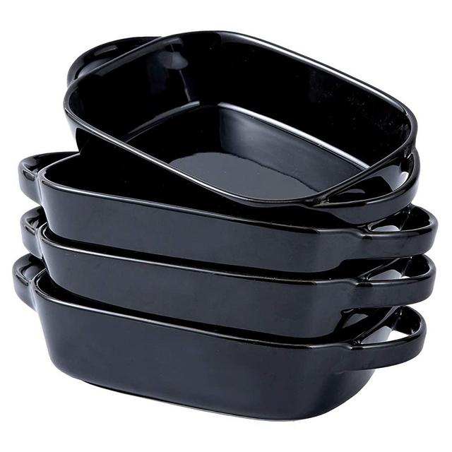 Bruntmor Set Of 4 Ceramic 7"x5" Baking Dish Oven Safe Roasting Lasagna Pan Small Casserole Bakeware with Handle Rectangular Dish, 20 Oz. Black