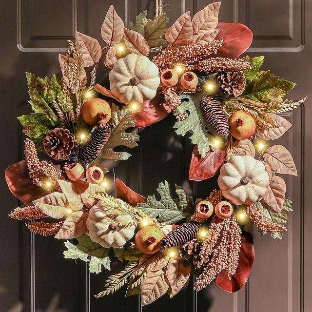 Valery Madelyn Fall Pumpkin Wreaths for Front Door, 20" Silk Maple Leaves Wreath with Lights for Fall Harvest Autumn Home Decor, White Pumpkin Wreaths with Big Berries for Thanksgiving Centerpiece