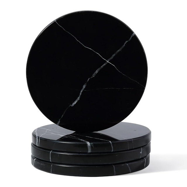 Koville Marble Coaster Set of 4, Round Coasters, 4" Stone Coaster for Drinks Coffee, White Marble Coasters for Coffee Table Home Bar Decor, Heat Resistant, Gift Choice(Black)