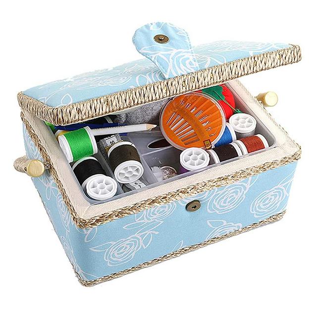 Large Sewing Box with Accessories Sewing Storage and Organizer with Complete Sewing Kits Tools - Wooden Sewing Basket with Removable Tray and Tomato Pincushion for Sewing Mending - Blue