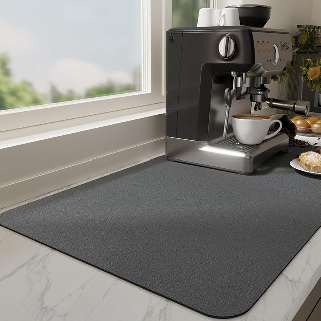 Ecotrim Absorbent Coffee Mat , Stain Hiding PU Leather Surface, Non-Slip Natural Rubber Backing, Quick Dry Mat for Espresso Machine, Kitchen Counter ,Dark Grey | 17" x 31.5"