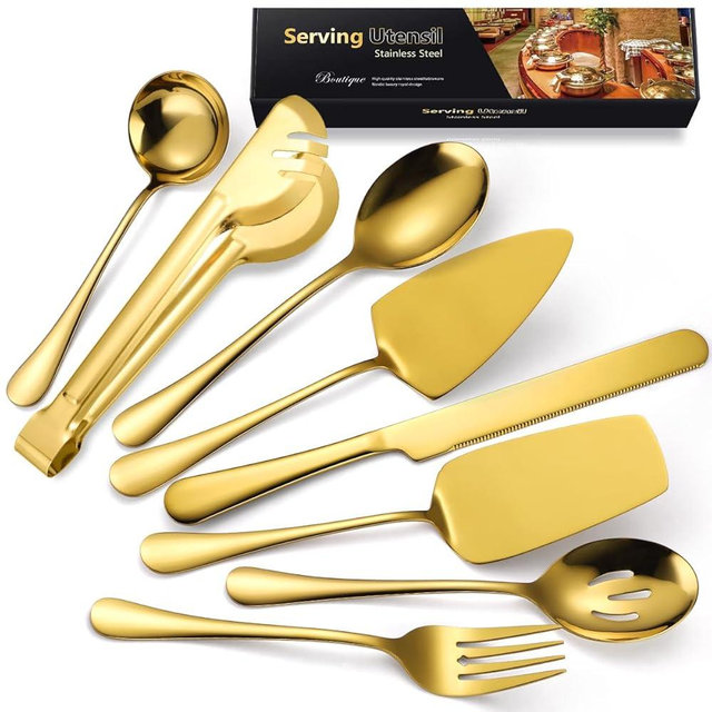 AARAINBOW Hostess Serving Utensils Set Large, 8 Pcs Stainless Steel Serving Utensils for Parties Buffet, Flatware Serving Sets with Serving Spoon Slotted Spoons Serving Forks (Golden)