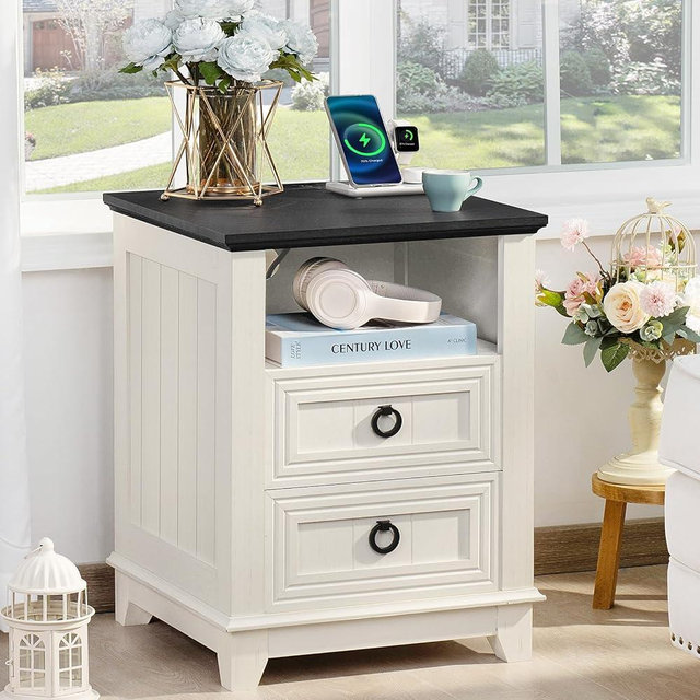 Joaxswe 18" Farmhouse Night Stand with Charging Station, 2 Drawers End Table Dresser for Bedroom, White Wooden Nightstand, Bed Side Table with Open Shelf, Bedside Cabinet for Living Room, Closet