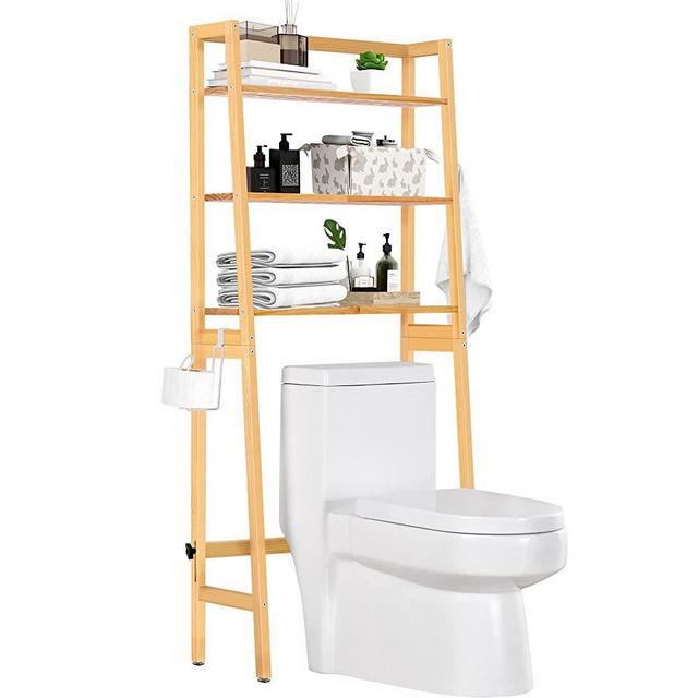 MallKing Over The Toilet Storage, Wooden 3-Tier Over-The-Toilet Rack Bathroom Space Saver Organizer, Freestanding Above Toilet with Toilet Paper Holder and Hooks (Natural)