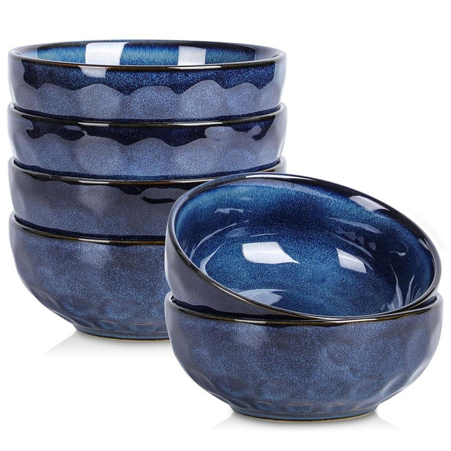 vicrays Ceramic Salad Bowls Set for Kitchen, 26 Ounce Porcelain Soup Salad Rice Dessert Cream Set - Chip Resistant Dishwasher Microwave Safe - Set of 6 (Blue)