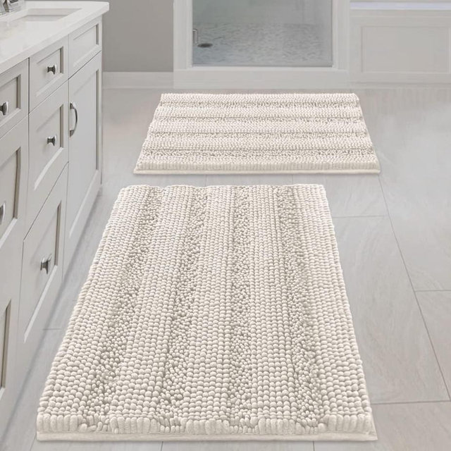 H.VERSAILTEX Ivory Bath Mat Bath Rugs, Extra Thick Striped Bath Rugs for Bathroom 2 Piece Bathroom Set, Anti-Slip Soft Plush Chenille Shaggy Mat Water Absorbent (Ivory, 20" x 32"/17" x 24")