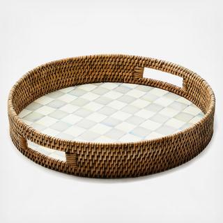 Sterling Check Enamel & Rattan Round Serving Tray
