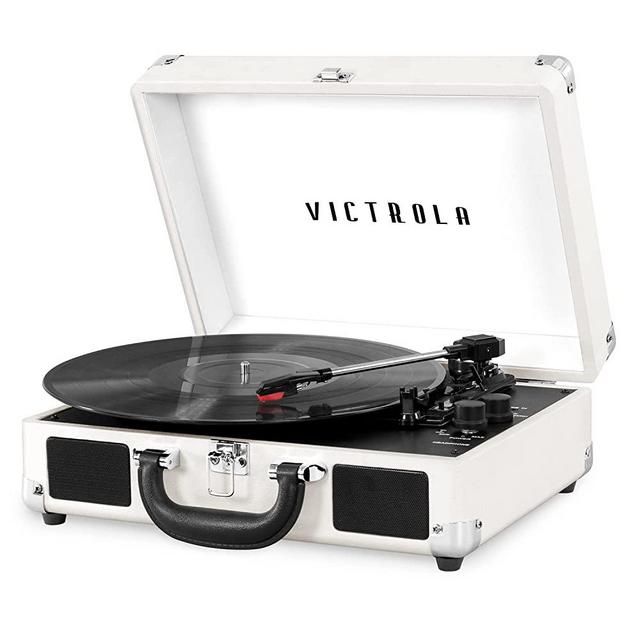 Victrola Vintage 3-Speed Bluetooth Portable Suitcase Record Player with Built-in Speakers | Upgraded Turntable Audio Sound| Includes Extra Stylus | White