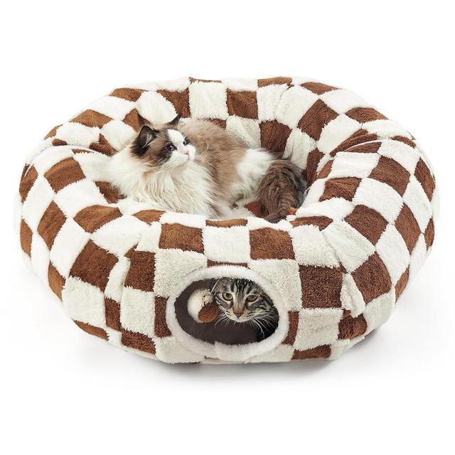 Lesure Cat Tunnel Bed for Indoor Cats - Cute Cat Donut Tunnel Toys with Washable Circle Cushion, Round Pet Peekaboo Cave Toy for Kitten/Puppy/Rabbit, Brown