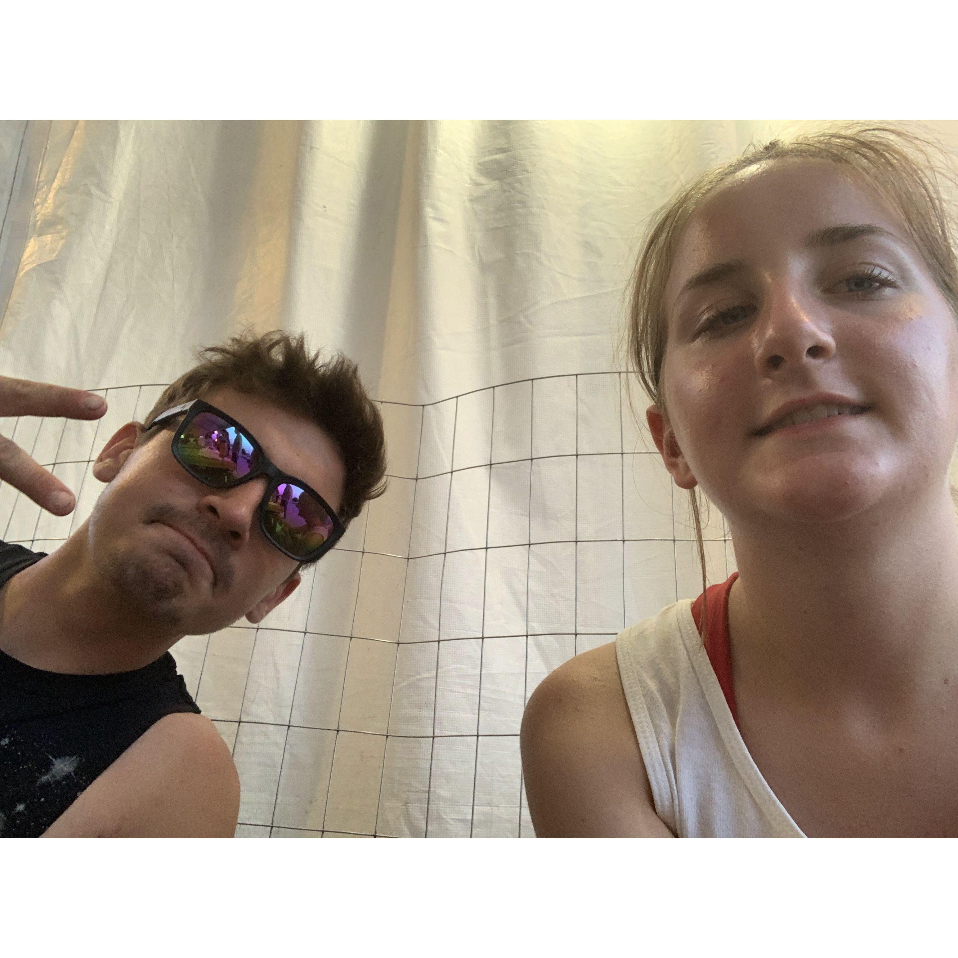 Our first picture together! Both very sweaty from working at a firework tent