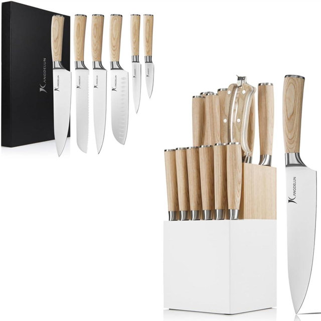 Kangdelun Natura Series 14 PCS White Block Knife Set, and 6 PCS Chef Knife Set, Ultra Sharp High Carbon Stainless Steel, Wood Handle
