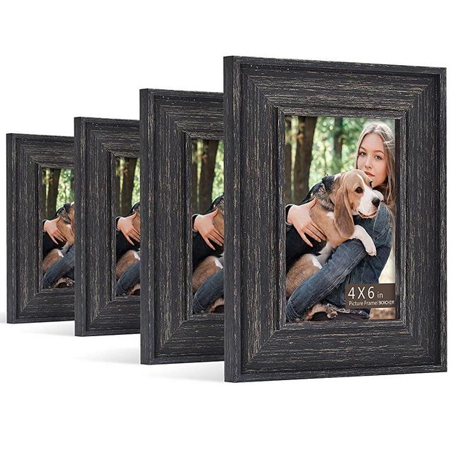 BOICHEN Picture Frames 4X6 Sets of 4 Pack Gilding Crafts High Definition Glass Black Wooden Pattern Rustic Style Photo Frame Decor for Wall or Tabletop