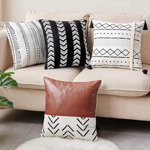 CDWERD Throw Pillow Covers 18x18Inches Set of 4 Boho Modern Farmhouse Neutral Decorative Pillowcases Faux Leather and Cotton Cushion Case for Couch, Bed, Home Decor