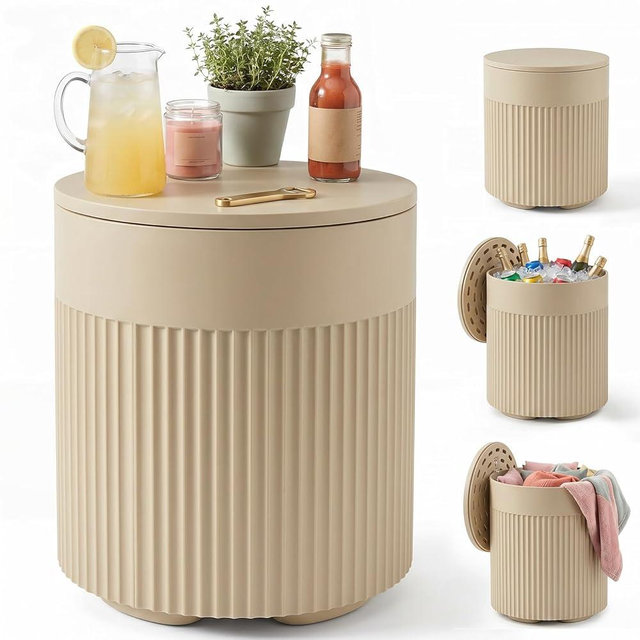 PASAMIC Outdoor Cooler Side Table, 3-in-1 Patio Ice Cooler Table with Storage, HDPE Outdoor Table with Drain Plug, Holds 24 Cans & Fits Wine Bottles, Poolside Deck Backyard (Sand)