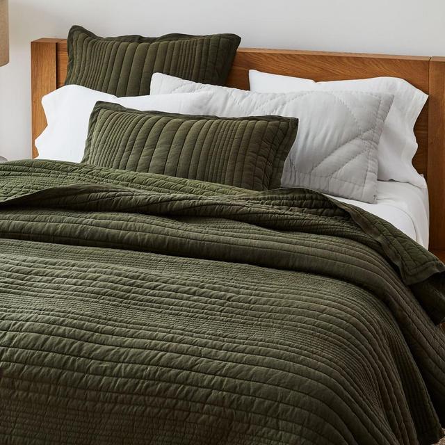European Flax Linen Linework Quilt, King Set, Dark Olive