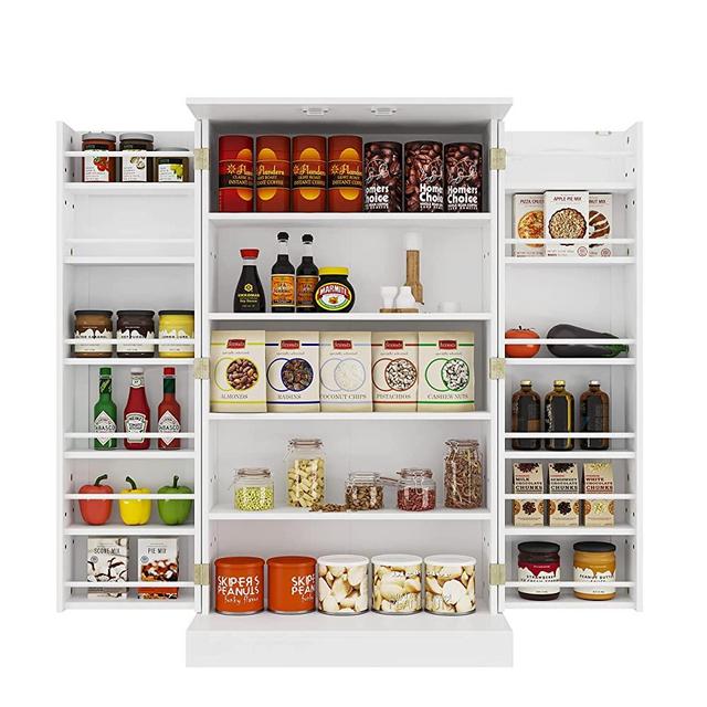 Yusong 41'' Traditional Kitchen Pantry with Doors and 6 Adjustable Shelves, Kitchen Storage Organization Cabinet for Dining Room, Living Room, White