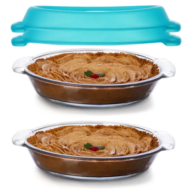 Libbey Baker’s Premium Glass Pie Dish Set of 2 with Lids, 9 Inch Round Baking Dishes, Stackable Bakeware with GreatGrip Handles, Durable Covered Pie