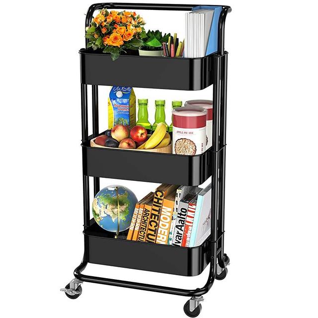 3 Tier Mesh Utility Cart, Rolling Metal Organization Cart with Handle and Lockable Wheels, Multifunctional Storage Shelves for Kitchen Living Room Office by Pipishell, Black