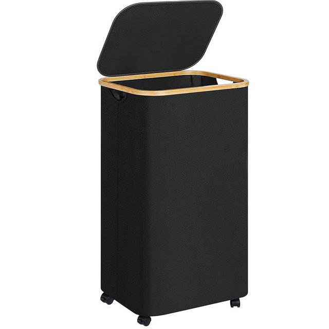 Merkisa Large Laundry Basket with Wheels,100L Hampers for Laundry,Freestanding Laundry Hamper with Lid and Bamboo Handles,Collapsible & Waterproof Tall Cloth Hamper for Dorm Family(Black)