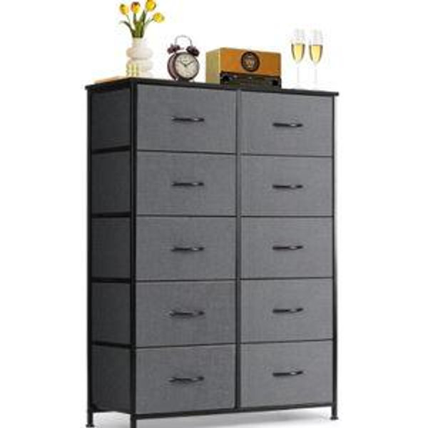 10-Drawer Dresser for Bedroom, Anti-Tip Tall Storage Organizer Chest of Drawers with Wooden Top and Metal Frame Fabric Bins for Closet, Living Room, Hallway, Entryway, Gray