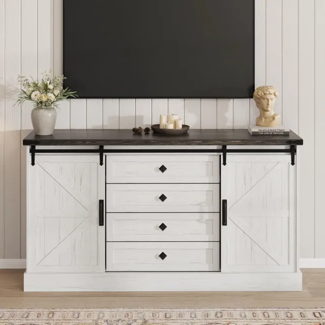 TV Stands for Living Room, Farmhouse Entertainment Center with Sliding Barn Doors, Television Stands with Large 4 Drawers & Bar Handles