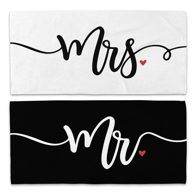 WAITPI Couple Mr Mrs Beach Towel Set of 2, Honeymoon Wedding Valentines Beach Towels Gifts for Bride Groom Newlywed, Black and White Quick Dry Towels Oversized Decor for Bathroom 30x60in