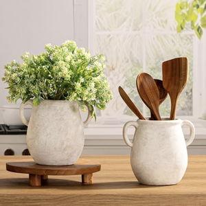 Ceramic Flower Vase Home Decor - 7.1 Inch White Rustic Table Flowers Vases Living Room Bedroom Plant Decoration Modern Farmhouse Vintage for Kitchen Shelf Office Coffee Dining Desk House Women