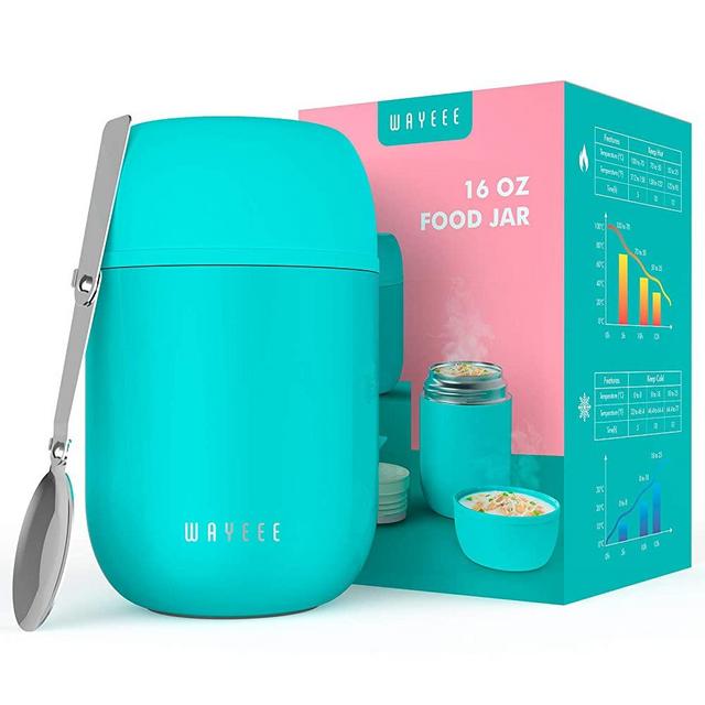 Thermos for Hot Food, WayEee Soup Thermos Insulated Lunch Containers16 oz for Kids Adults Food Jar, Vacuum Stainless Steel Wide Mouth Food Thermos with Spoon for School Travel Camping-Blue