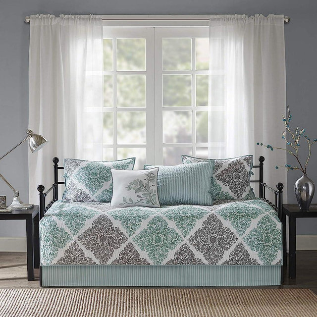 Madison Park Daybed Cover Set - Double Sided Quilting Casual Design, All Season Bedding with Bedskirt, Matching Shams, Decorative Pillow, 75"x39", Diamond Aqua 6 Piece