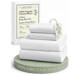 LANE LINEN 100% Organic Cotton King Size Sheets Set, Soft & Comfy All Season Breathable Sheets King Size, Percale Weave Fully Elasticized Eco Friendly Naturally Cooling King White Bed Sheets