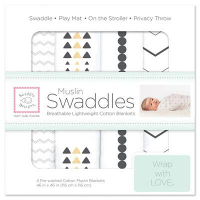 SwaddleDesigns® 4-Pack Pre-Washed Cotton Muslin Swaddle Blankets in Black
