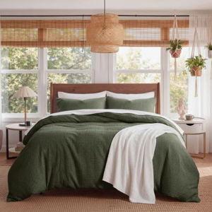 Cotton Waffle Weave Duvet Cover - Olive Green, King Duvet Cover + 2 King Shams