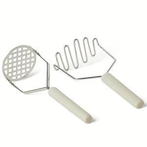 Amazon Basics Potato Mashers, 2-Piece Set, Stainless Steel, Soft Grip Handle, Dishwasher-Safe, Linen Gray