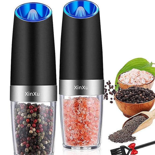 XinXu Gravity Automatic Pepper and Salt Mill, Stainless Steel, Adjustable Coarseness with Blue LED Light, One Hand Operated, Come with Brush, Gift Ideal for Housewarming, Black