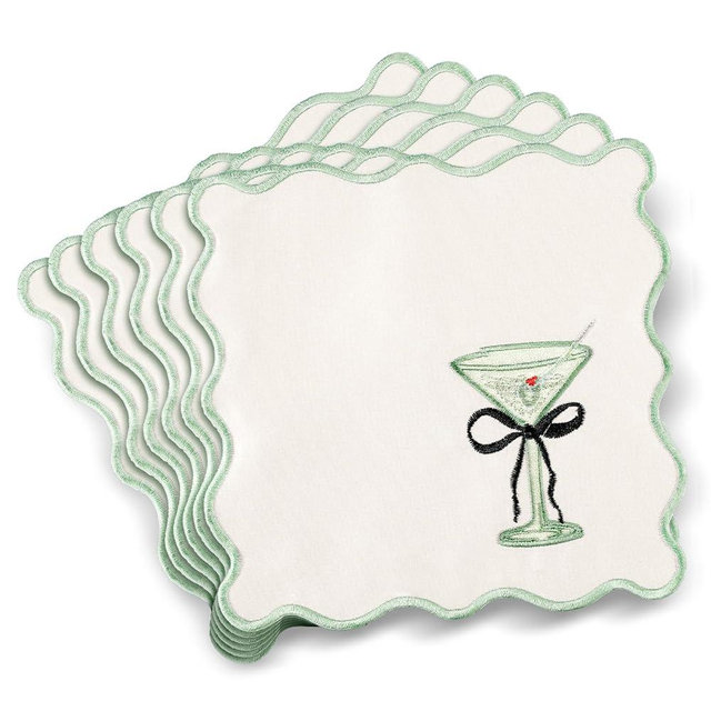 Dunzoom 12 Pcs Martini Cocktail Napkins Cloth Scalloped Embroidery a Tini Bit Older Party Supplies 6"x6" Washable Polyester Satin Cloth for Martini Cocktail Bachelorette Party Gift Decorations (White)