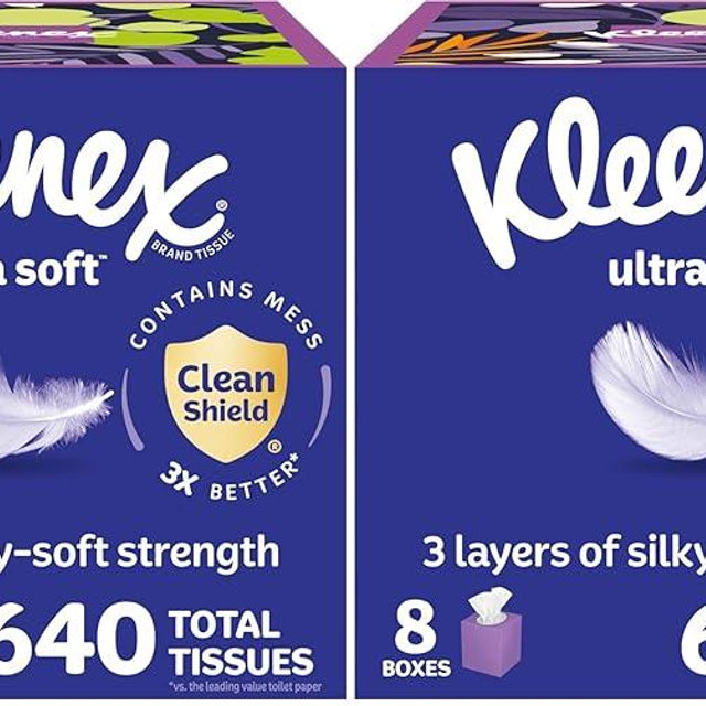 Kleenex Ultra Soft Facial Tissues, 8 Cube Boxes, 80 Tissues per Box, 3-Ply, Packaging May Vary (Pack of 2)