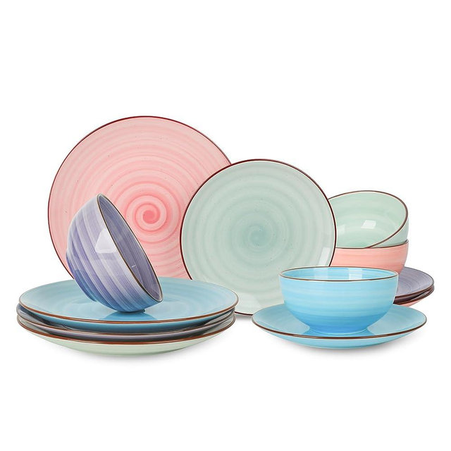 Selamica Ceramic 12-Pieces Dinnerware Sets, Kitchen Ceramic Plates and Bowls Sets, Dishes Set Service for 4, Dinner Salad Dessert Plates and Cereal Bowls Set, Black Speckles, Gradient Color