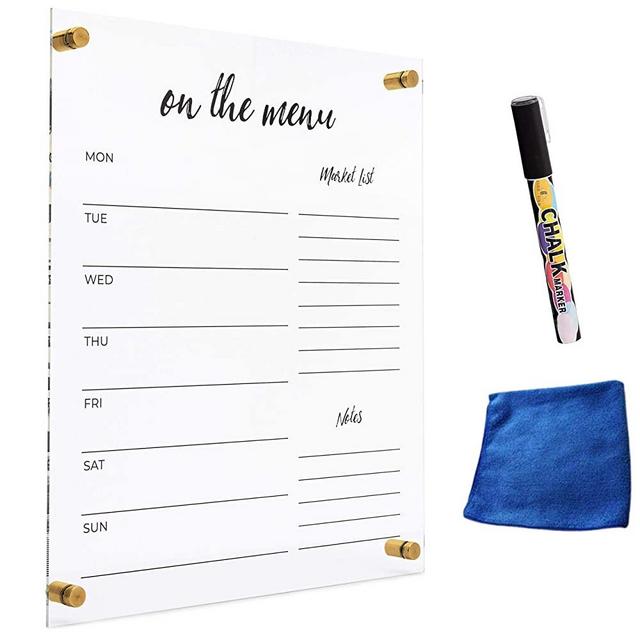 Acrylic Menu Board for Kitchen - Dry Erase Weekly “On The Menu” Planning Board for Wall - Chic Design - Clear Acrylic Menu Sign Board for Kitchen Wall (Marker, Eraser & Mounting Hardware Included)