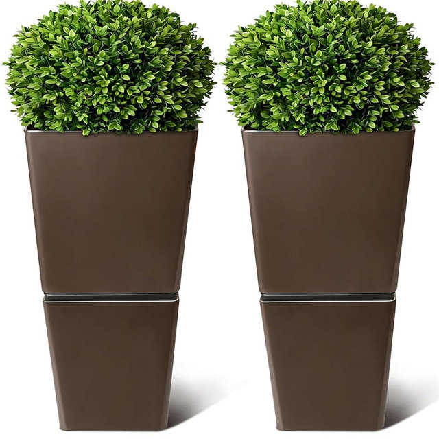 T4U Tall Planter for Outdoor Plants, 24.8 Inch Outdoor Planters for Porch Set of 2, Large Planter for Indoor & Outdoor Plants with Wheels Drainage Plug, Front Porch, Patio, for Home Decor (Dark Brown)