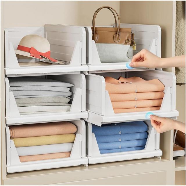 6 Pack Folding Closet Organizers Storage Box, Stackable Plastic Storage Basket, Closet Organizers and Storage Drawer Shelf Storage, Storage Container for Cupboard Kitchen Bathroom Bedroom (6L) White