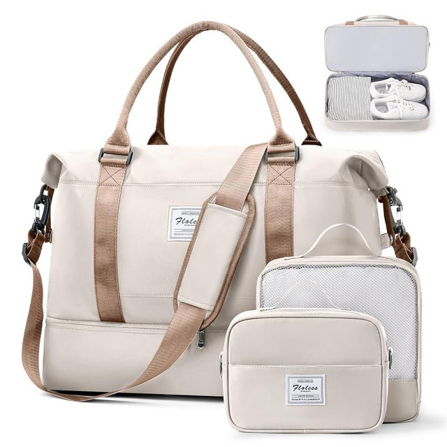 SUNMOP Weekender Bags for Women, Travel Duffel Bags with Shoe Compartment & Wet Pocket,Travel Bag for Airlines,Carry on Overnight Tote Bag for women with Toiletry Bag,3Pcs Set，Beige & Brown