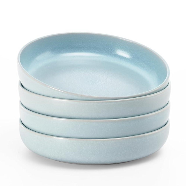 famiware Milkyway Pasta Bowls Set of 4, 8.5" Large Salad Bowls, Double Reactive Glaze, Sturdy & Stackable, Ideal for Housewarming, Festivals, Light Blue