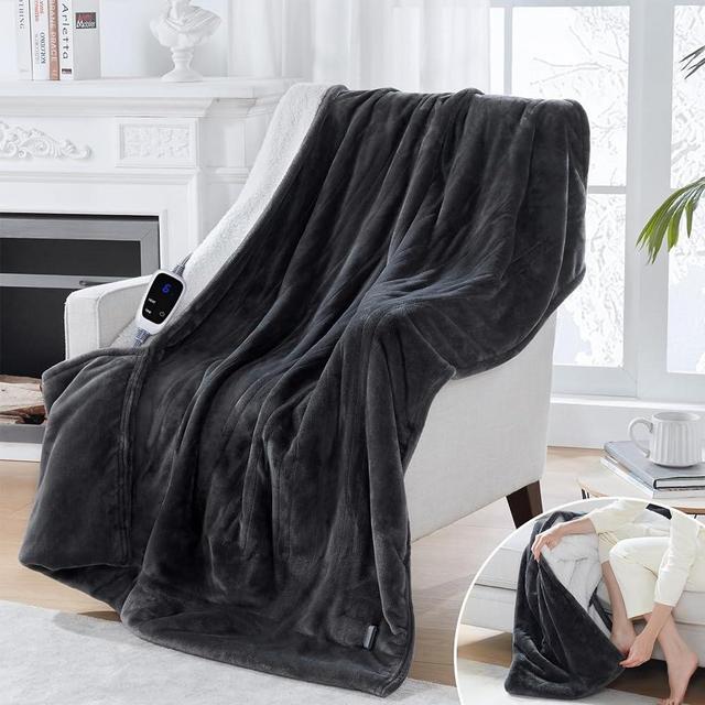 SEALY Electric Blanket with Foot Pocket for Adults, Flannel & Sherpa Heated Blanket Throw with 6 Heating Levels & 2-10 Hours Auto Shut Off, Fast Heating & Machine Washable, 50x62 Inch, Dark Grey