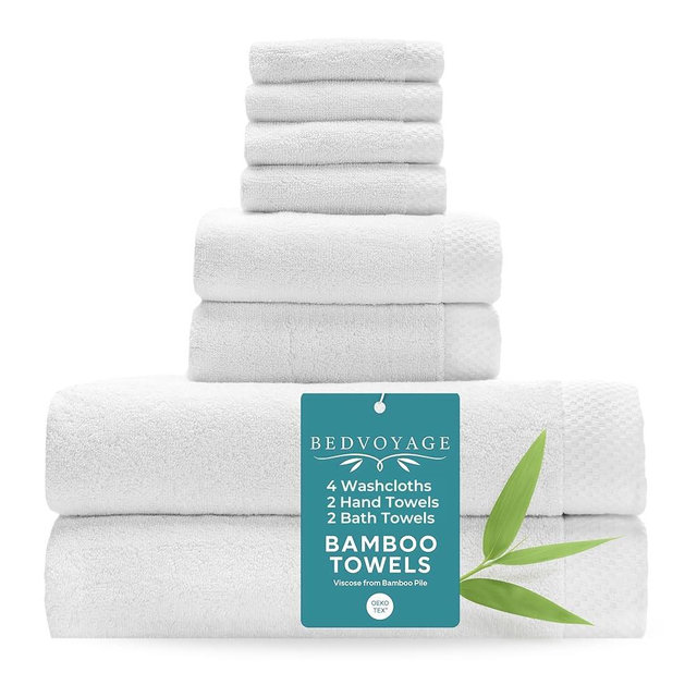 BedVoyage Luxury Bath Towels Set of 8 - Ultra Soft Plush Bathroom Towel Set - Highly Absorbent Viscose from Bamboo Bath Towels Ultra Soft - Spa Towel for Body - White